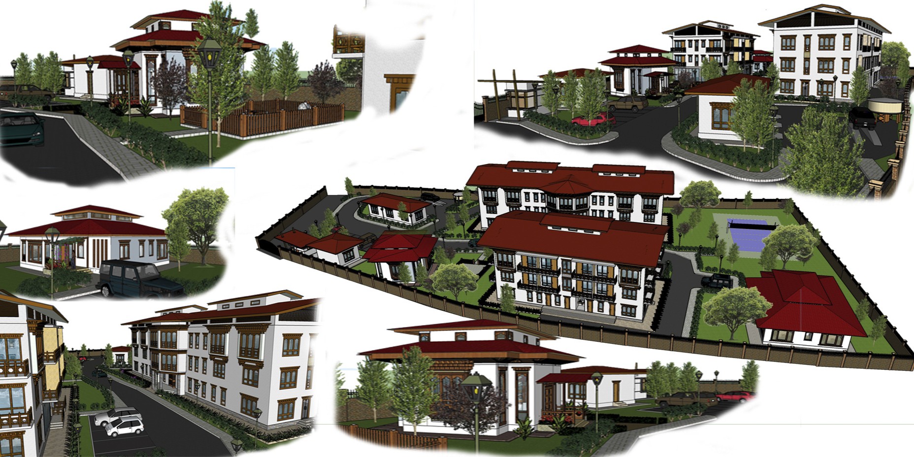3D architectural rendering collage of an airport cargo complex and terminal modification master plan designed by PRCS, featuring multi-story traditional Bhutanese structures with red roofs and detailed woodwork.