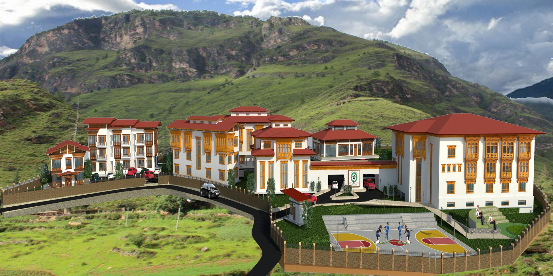 3D architectural rendering of the Technical Training Institute campus in Thimphu, Bhutan, designed by PRCS with traditional Rabsel woodwork, red roofs, and outdoor sports facilities.