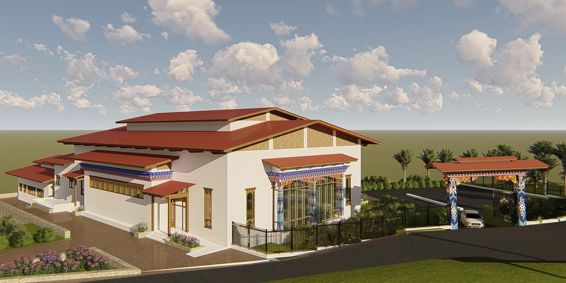 3D architectural design of the Tsirang Dzongkhag Town Hall in Bhutan by PRCS, featuring traditional Bhutanese painted pillars, red pitched roofs, and landscaped grounds.